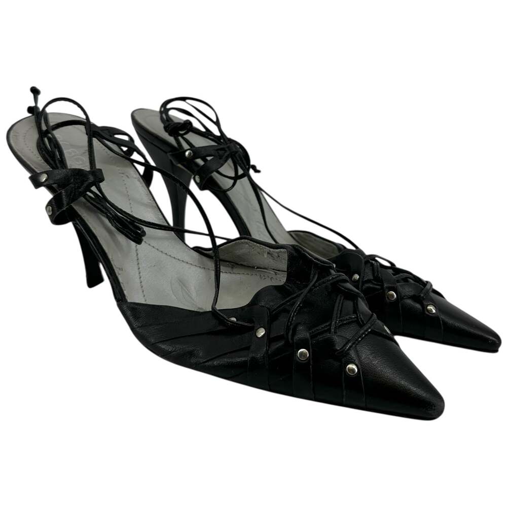 Vintage BCBGirls Pump Heels Stiletto Pointed Criss Cross Strap Leather Black 7B